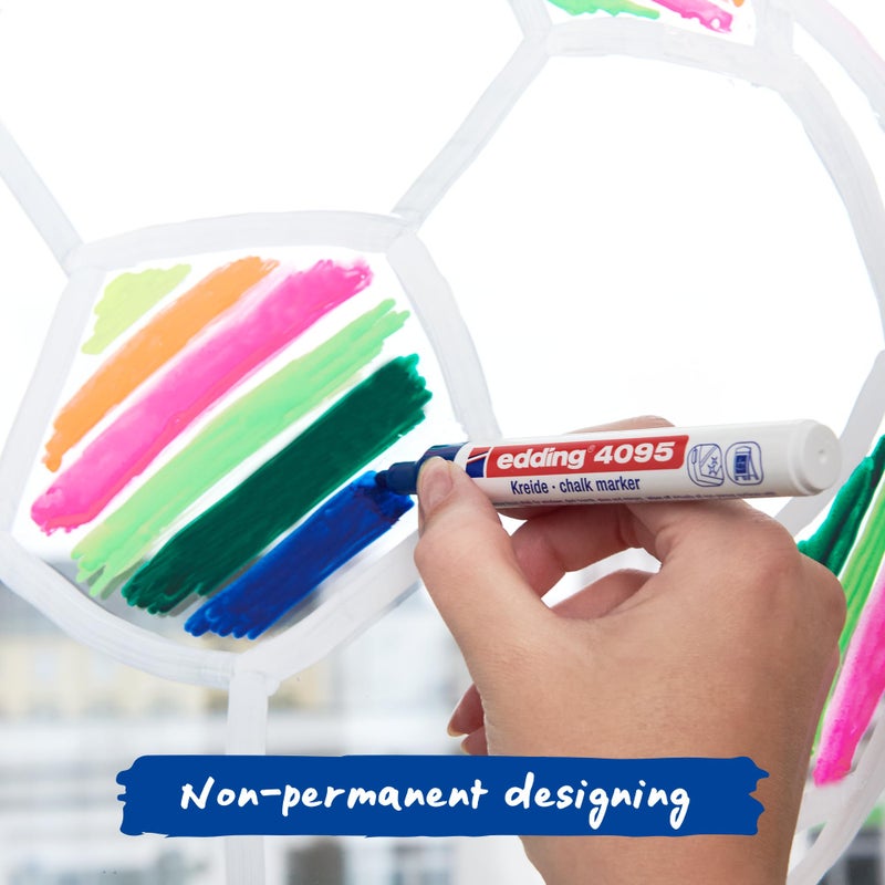 edding 4095 Set-White (2X), Yellow, Orange, Pink Round Nib 2-3 mm-Wet Wipe chalkboards, Windows, Glass, Mirrors-Liquid Chalk Marker Opaque Coverage, 5 pen, 21: Set of 5-Multi-Coloured - Image 3